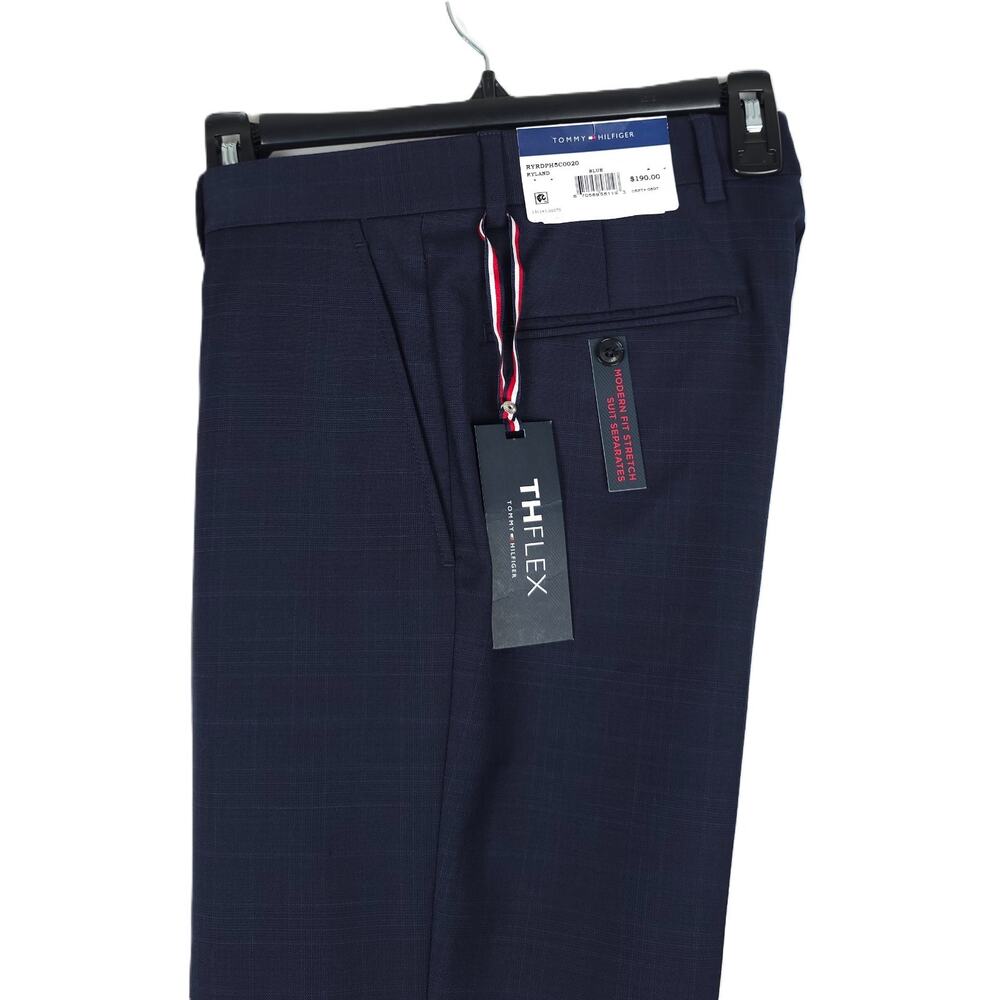 Tommy Hilfiger Mens Modern Fit Dress Pants 30x32 Navy Blue Plaid Stretch Wool